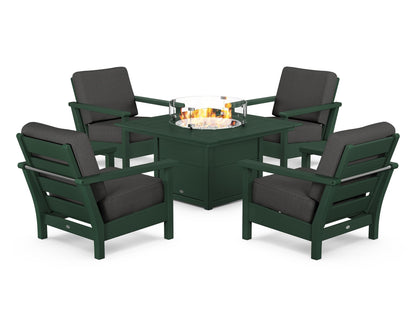 POLYWOOD® Harbour 5-Piece Conversation Set with Fire Pit Table in Green / Spectrum Carbon