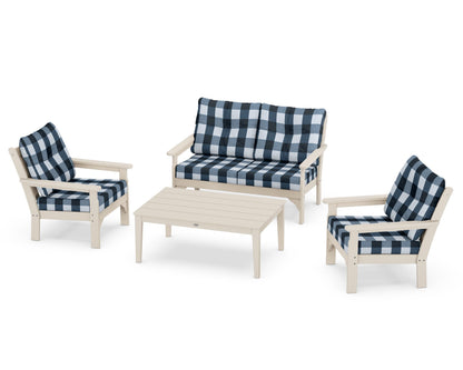 POLYWOOD® Vineyard 4-Piece Deep Seating Set in Sand / Buffalo Plaid Marine Indigo