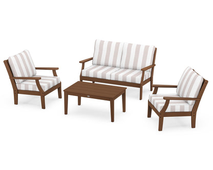 POLYWOOD® Braxton 4-Piece Deep Seating Chair Set in Teak / Cabana Stripe Dune Burlap