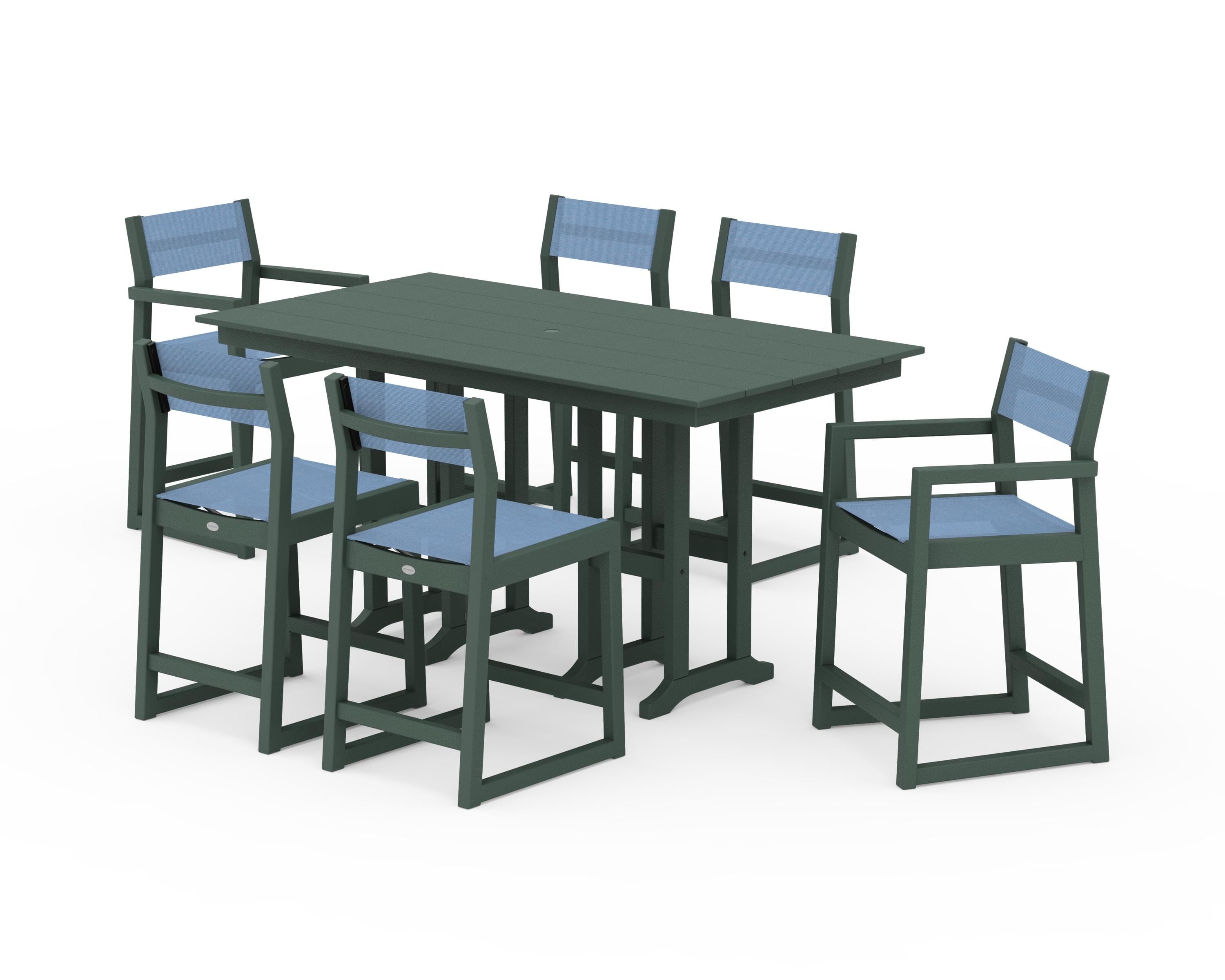 POLYWOOD® EDGE Sling 7-Piece Farmhouse Counter Set in Green / Poolside Sling