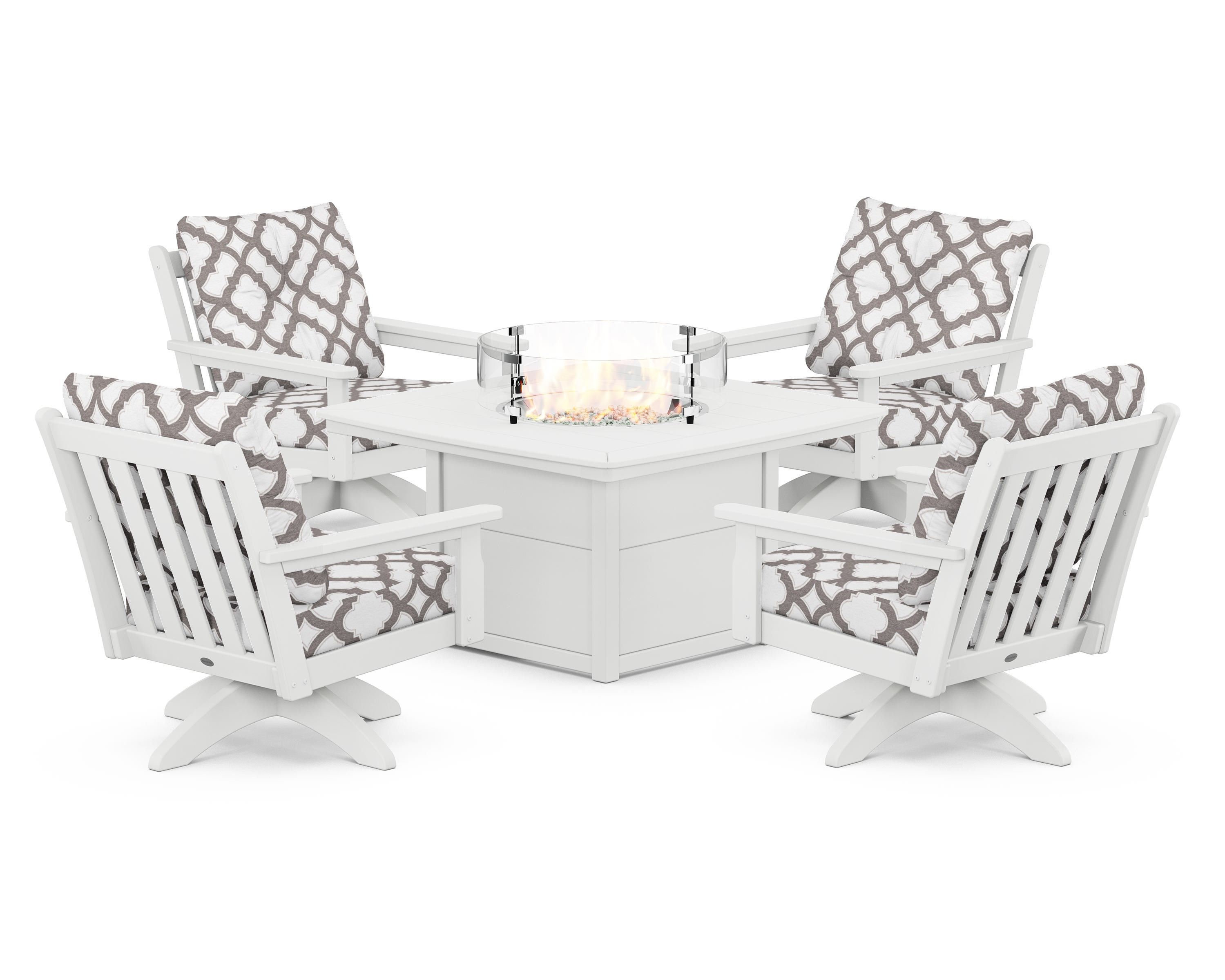 POLYWOOD® Vineyard 5-Piece Deep Seating Swivel Conversation Set with Fire Pit Table in White / Trellis Grey Mist