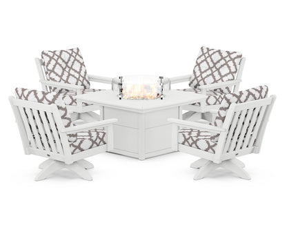 POLYWOOD® Vineyard 5-Piece Deep Seating Swivel Conversation Set with Fire Pit Table in White / Trellis Grey Mist