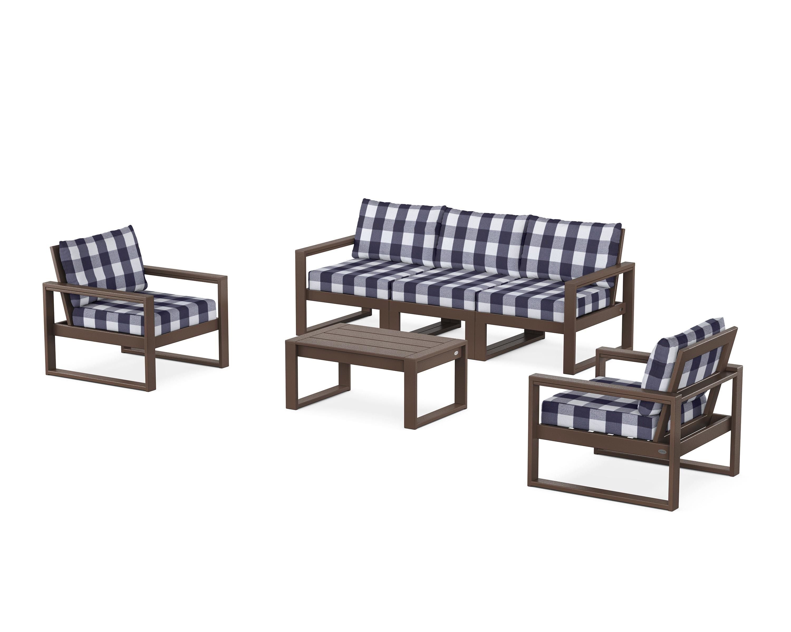 POLYWOOD® EDGE Sectional 4-Piece Deep Seating Set with Sofa in Mahogany / Buffalo Plaid Navy