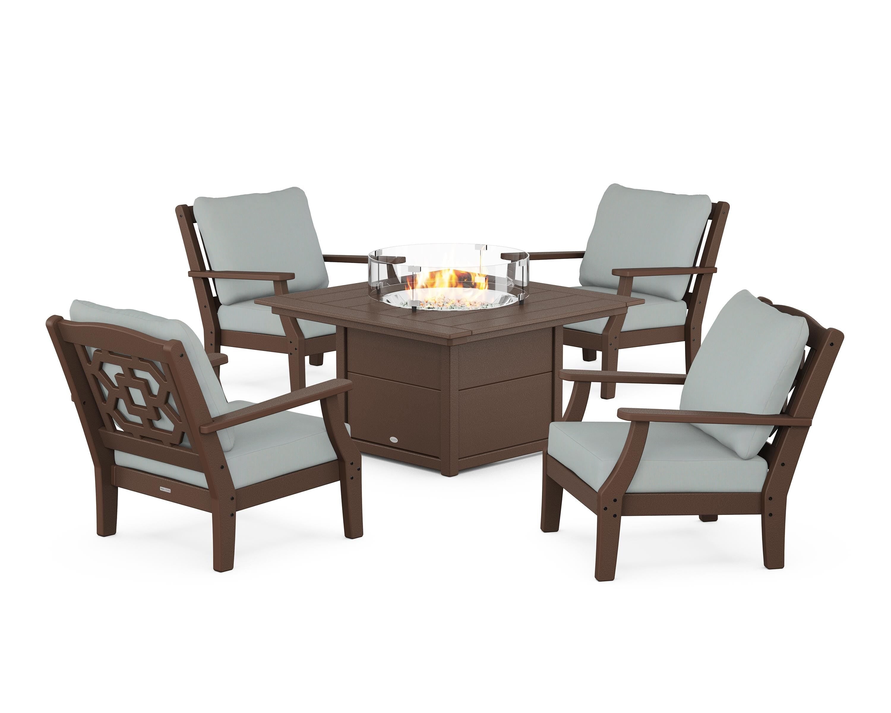 Martha Stewart by POLYWOOD® Chinoiserie 5-Piece Deep Seating Set with Fire Pit Table in Mahogany / Spa