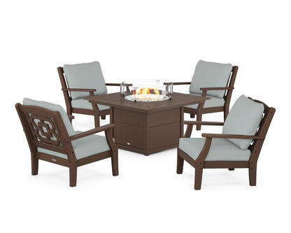 Martha Stewart by POLYWOOD® Chinoiserie 5-Piece Deep Seating Set with Fire Pit Table in Mahogany / Spa