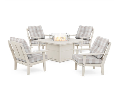 POLYWOOD® Mission 5-Piece Deep Seating Set with Fire Pit Table in Sand / Buffalo Plaid Dune Burlap