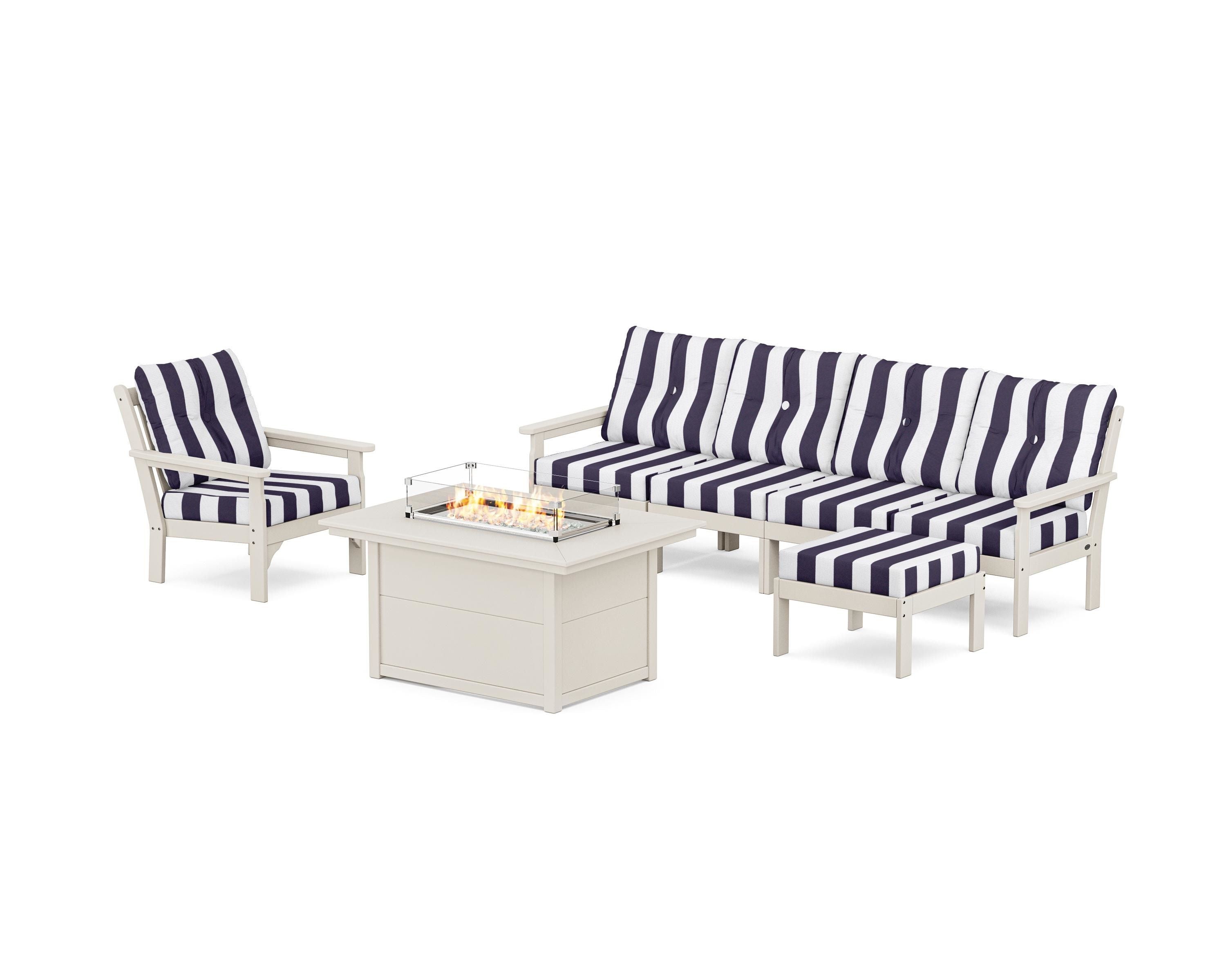 POLYWOOD® Vineyard Sectional Lounge and Fire Pit Set in Sand / Cabana Stripe Navy