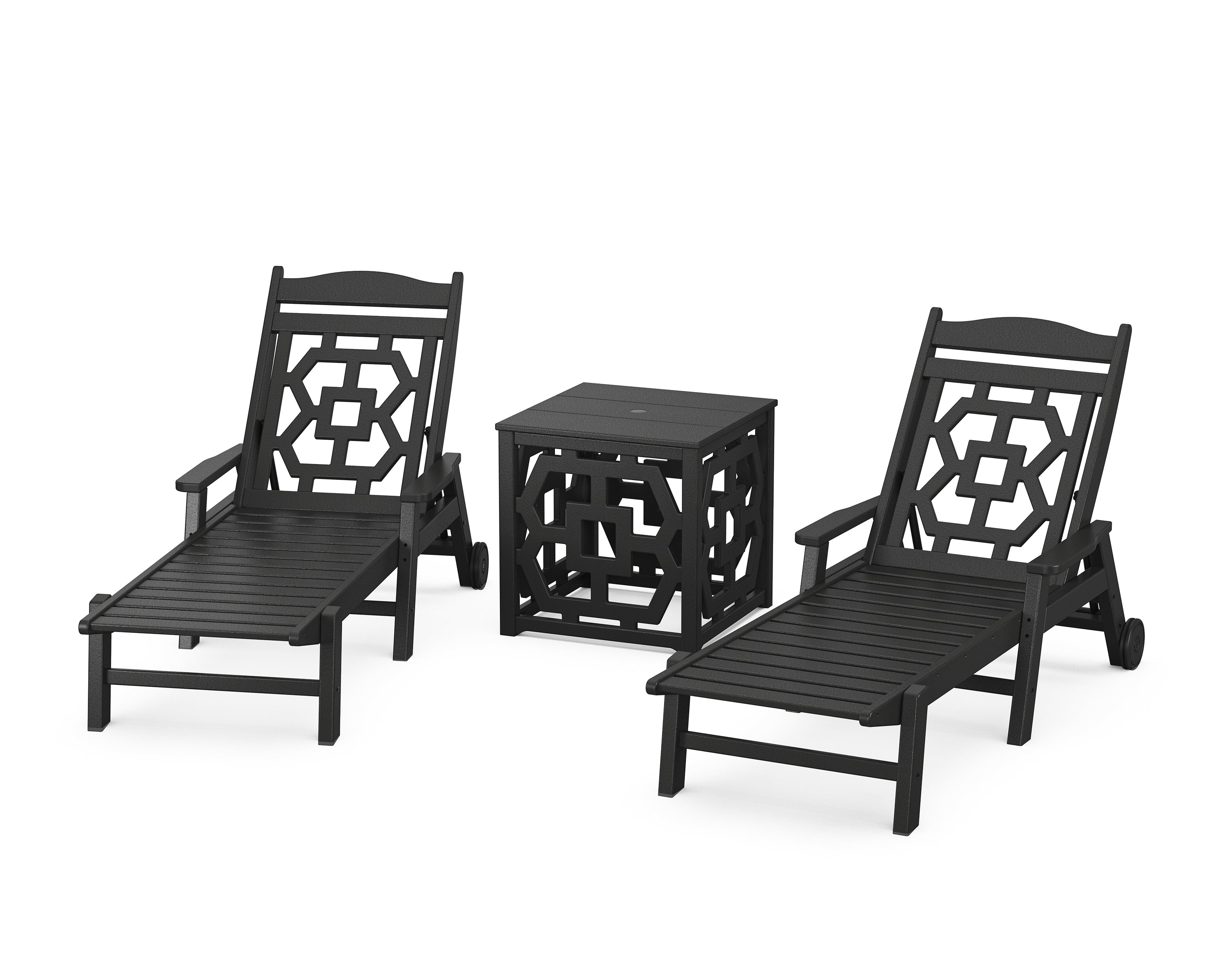 Martha Stewart by POLYWOOD® Chinoiserie 3-Piece Chaise Set with Umbrella Stand Accent Table in Black