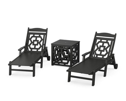 Martha Stewart by POLYWOOD® Chinoiserie 3-Piece Chaise Set with Umbrella Stand Accent Table in Black