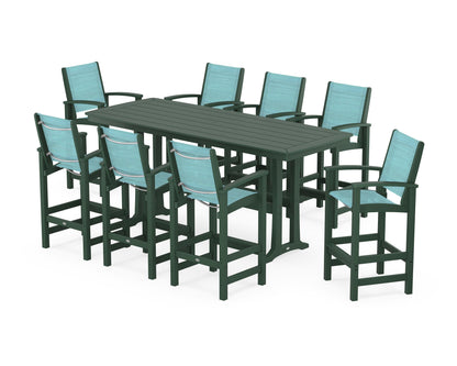 POLYWOOD® Coastal 9-Piece Bar Set with Trestle Legs in Green / Dupioni Aquamarine Sling