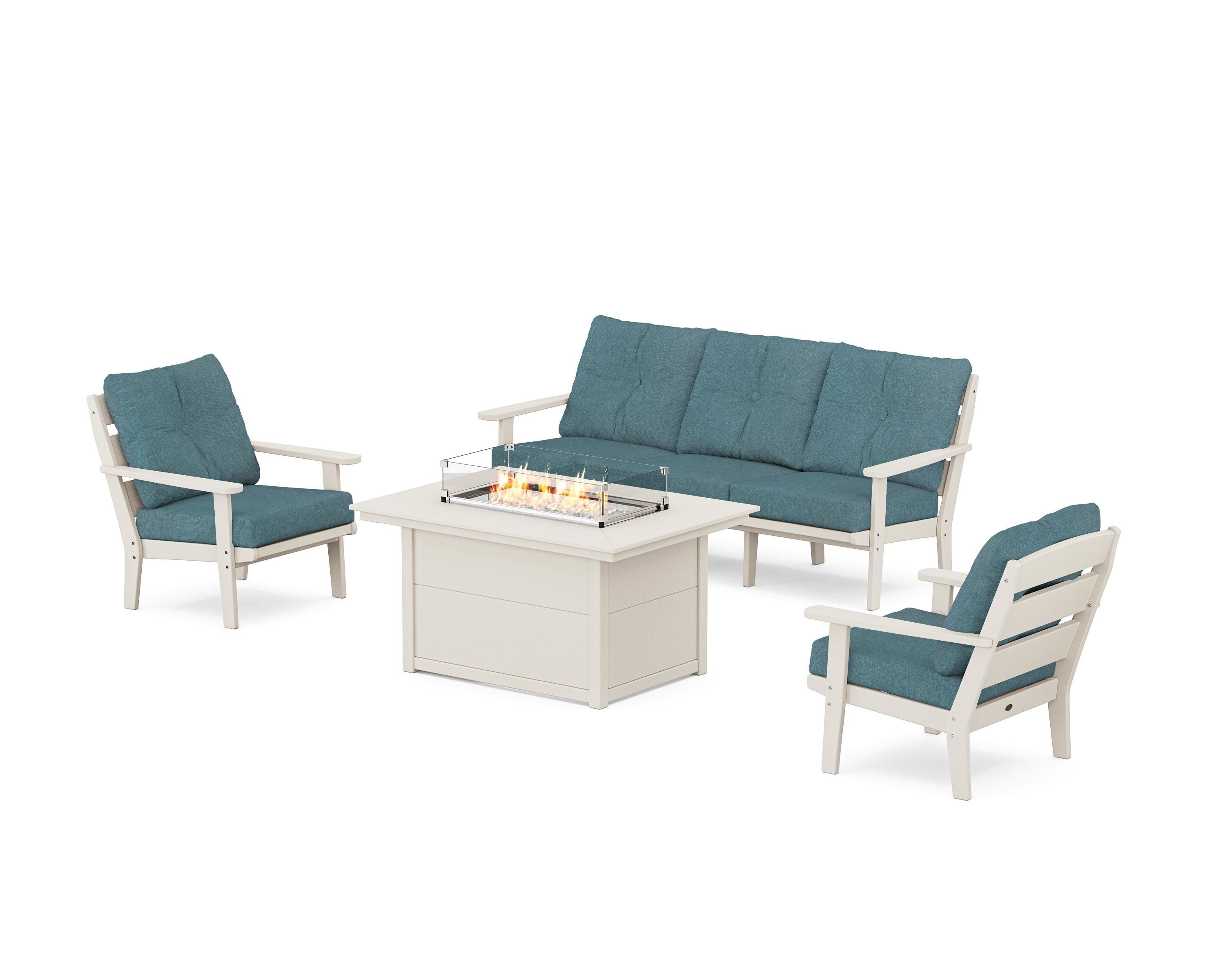 POLYWOOD® Lakeside Deep Seating Fire Pit Table Set in Sand / Ocean Teal