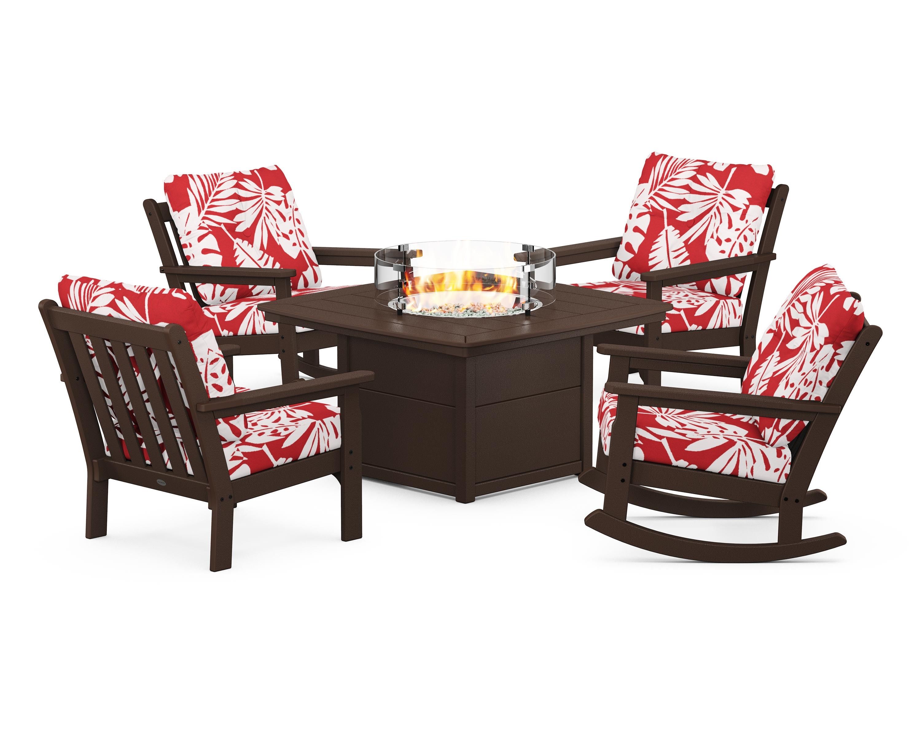 POLYWOOD® Vineyard 5-Piece Deep Seating Rocking Chair Conversation Set with Fire Pit Table in Mahogany / Leaf Crimson