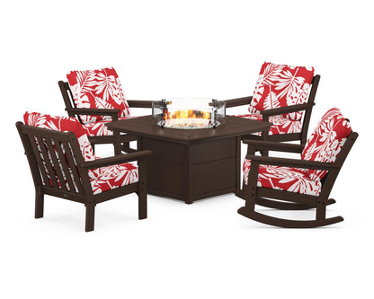 POLYWOOD® Vineyard 5-Piece Deep Seating Rocking Chair Conversation Set with Fire Pit Table in Mahogany / Leaf Crimson