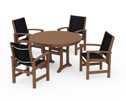 POLYWOOD® Coastal 5-Piece Round Dining Set with Trestle Legs in Teak / Black Sling