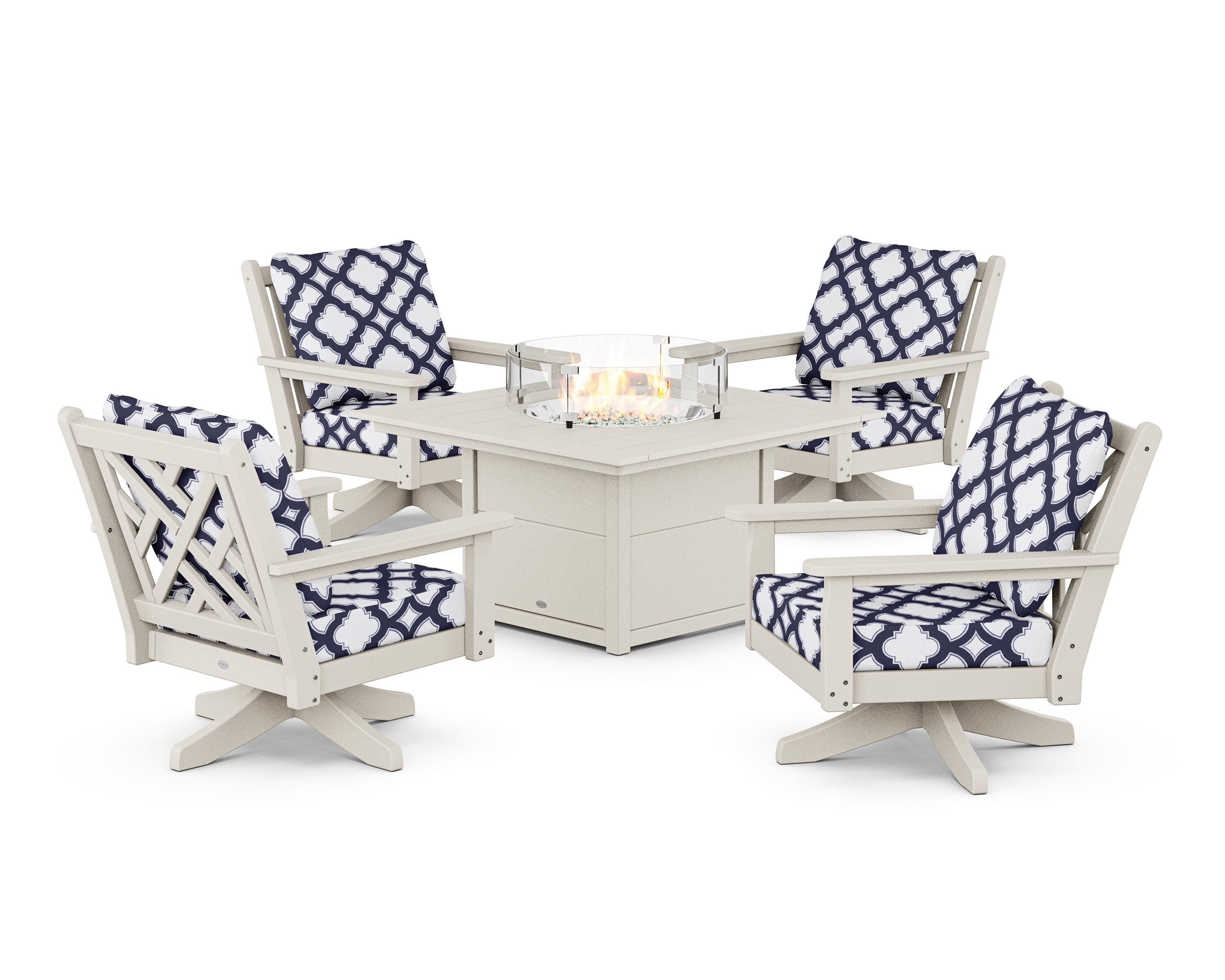 POLYWOOD® Chippendale 5-Piece Deep Seating Swivel Conversation Set with Fire Pit Table in Sand / Trellis Navy