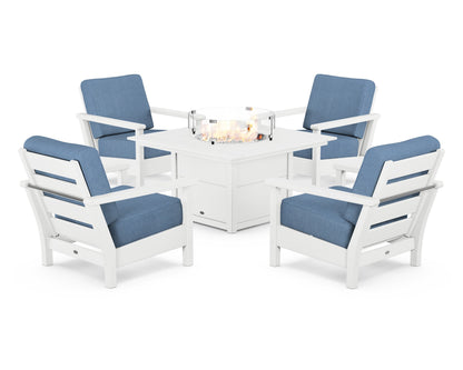 POLYWOOD® Harbour 5-Piece Conversation Set with Fire Pit Table in White / Sky Blue