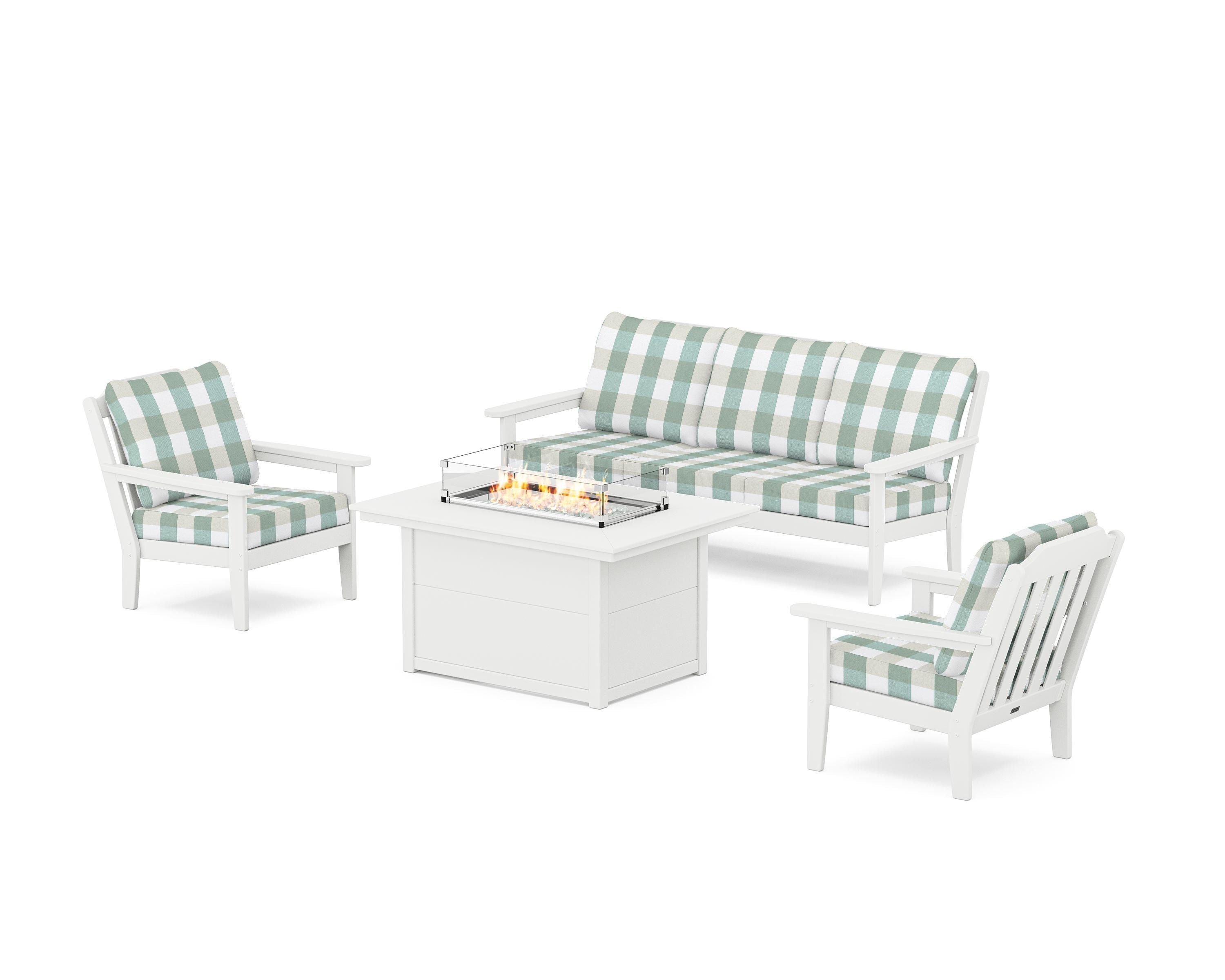 Country Living Cottage Deep Seating Fire Pit Table Set in White / Buffalo Plaid Glacier Spa