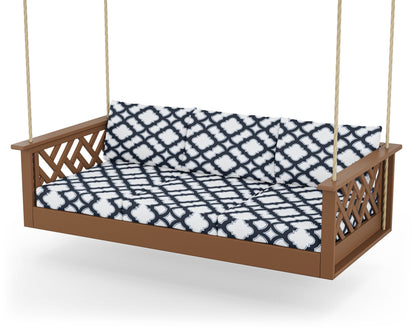POLYWOOD® Chippendale Daybed Swing in Teak / Trellis Marine Indigo