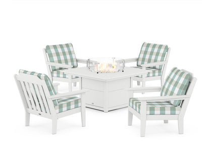 Country Living Cottage 5-Piece Deep Seating Set with Fire Pit Table in White / Buffalo Plaid Glacier Spa