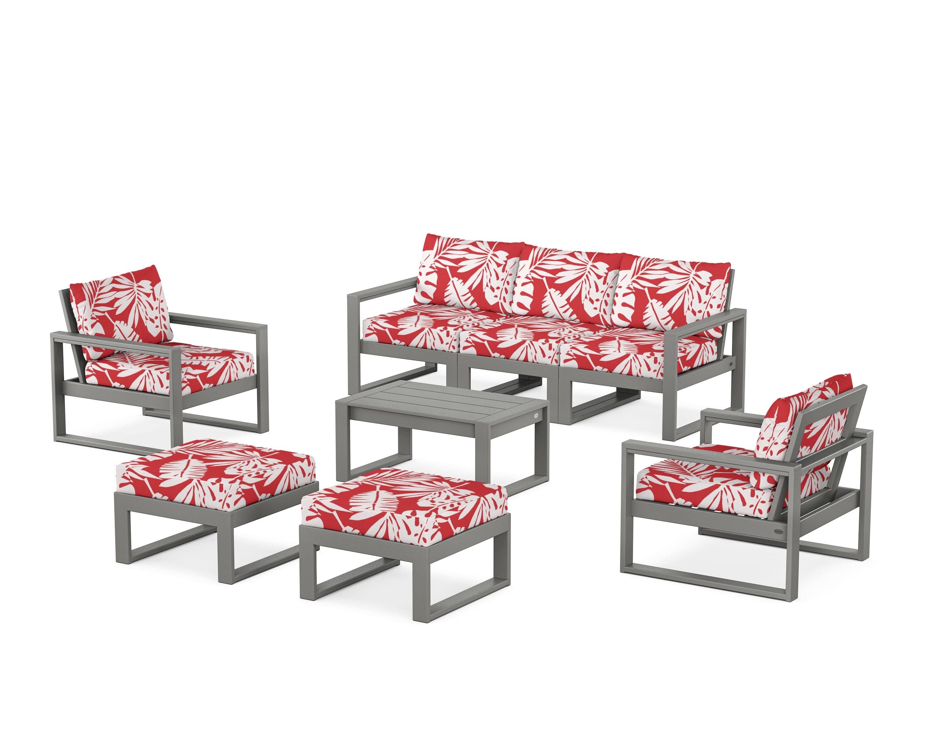 POLYWOOD® EDGE Sectional 8-Piece Lounge Sofa Set in Slate Grey / Leaf Crimson