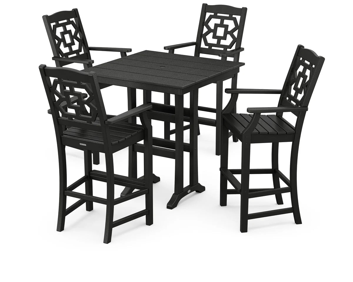 Chinoiserie 5-Piece Farmhouse Bar Set with Trestle Legs