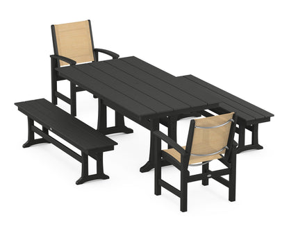 POLYWOOD® Coastal 5-Piece Farmhouse Dining Set with Trestle Legs and Benches in Black / Dupioni Apricot Sling