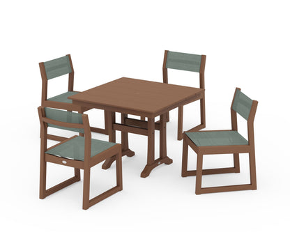 POLYWOOD® EDGE Sling 5-Piece Farmhouse Trestle Side Chair Dining Set in Teak / Dupioni Sea Mist Sling