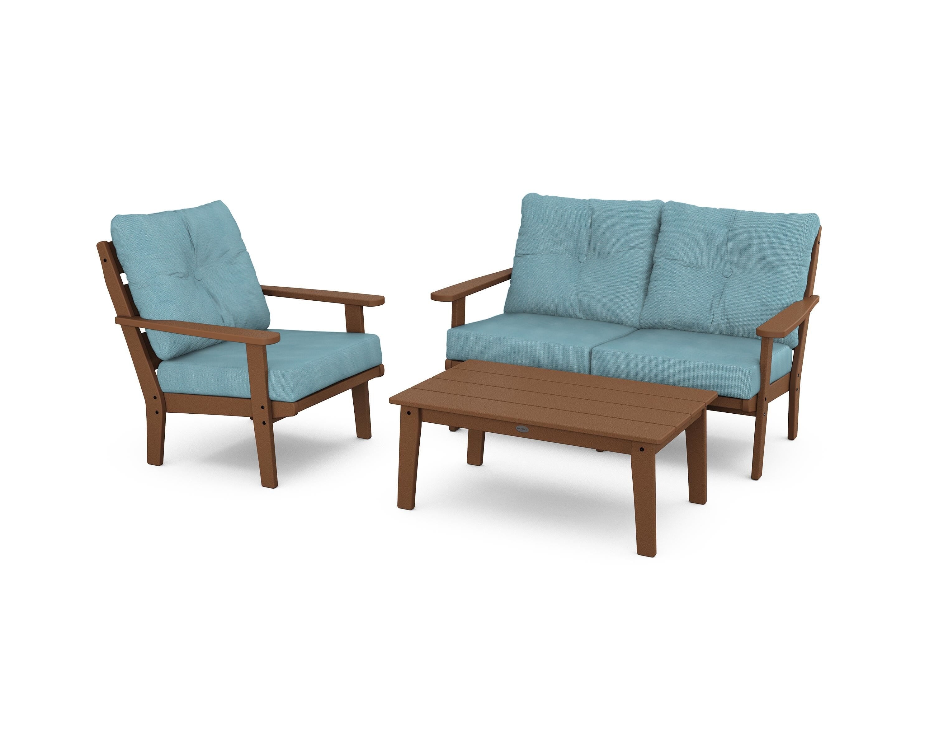 POLYWOOD® Lakeside 3-Piece Deep Seating Set in Teak / Lattice Sky Blue