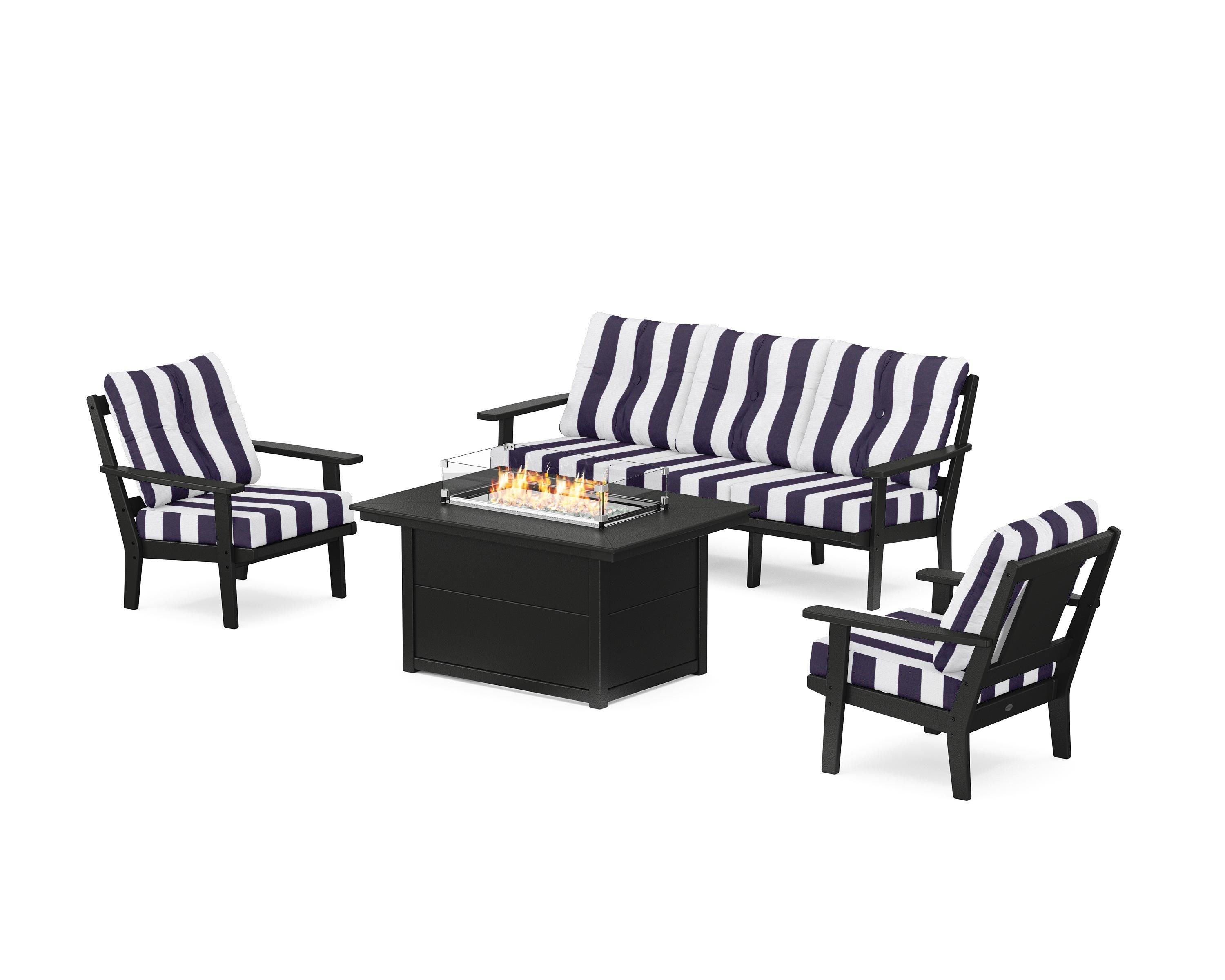 POLYWOOD® Prairie Deep Seating Fire Pit Table Set in Black / Cabana Stripe Navy