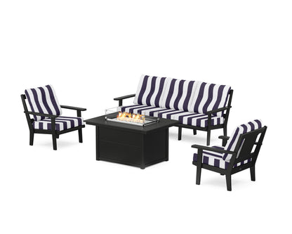 POLYWOOD® Prairie Deep Seating Fire Pit Table Set in Black / Cabana Stripe Navy