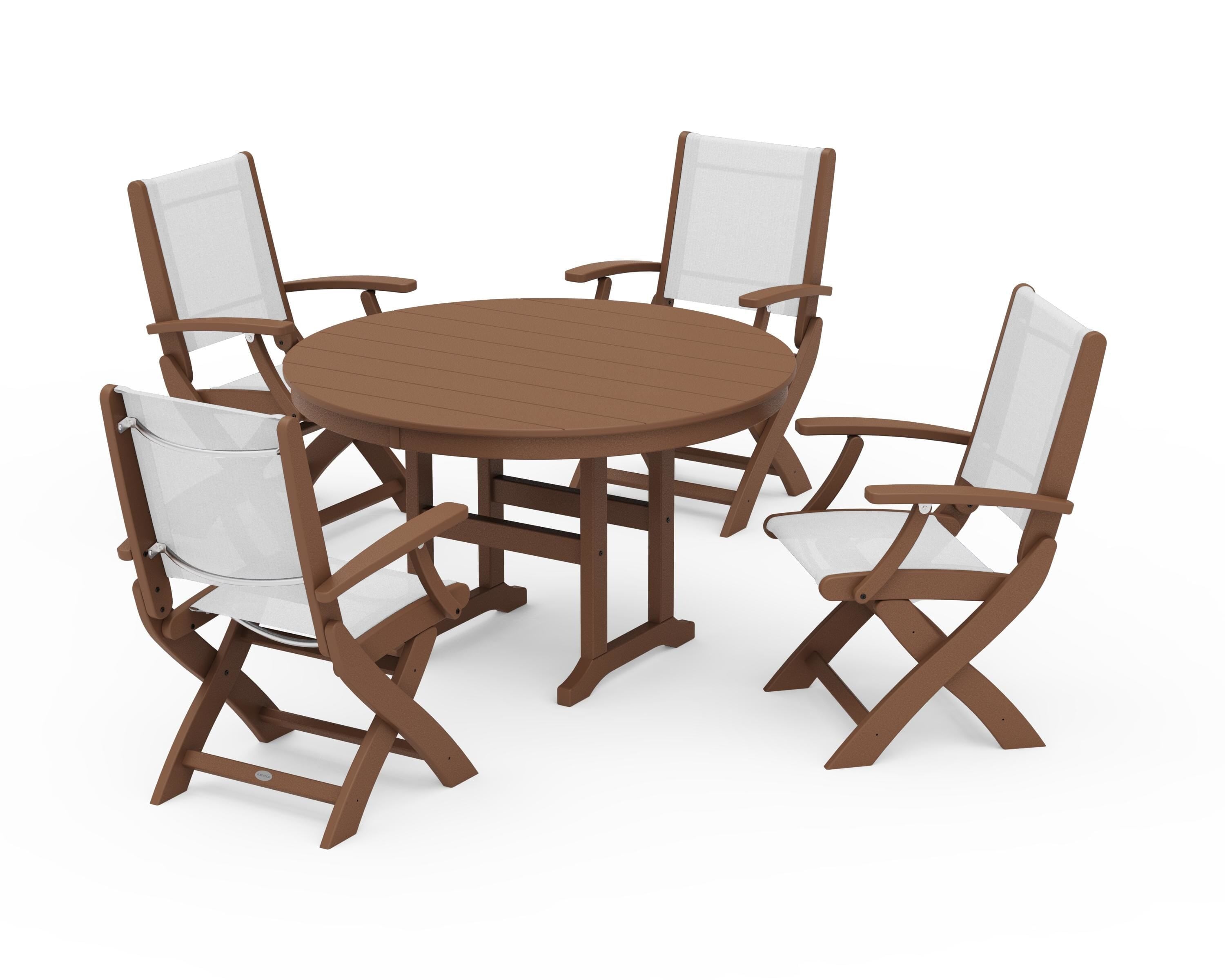 POLYWOOD® Coastal Folding Chair 5-Piece Round Dining Set in Teak / White Sling