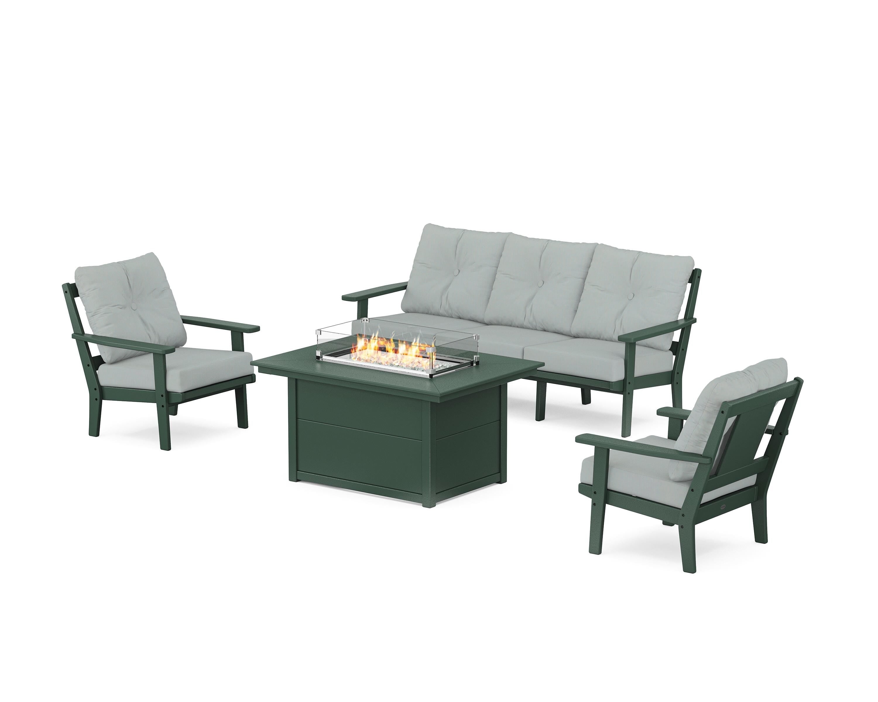 POLYWOOD® Prairie Deep Seating Fire Pit Table Set in Green / Spa