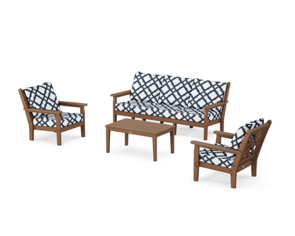 POLYWOOD® Chippendale 4-Piece Deep Seating Set with Sofa in Teak / Trellis Marine Indigo