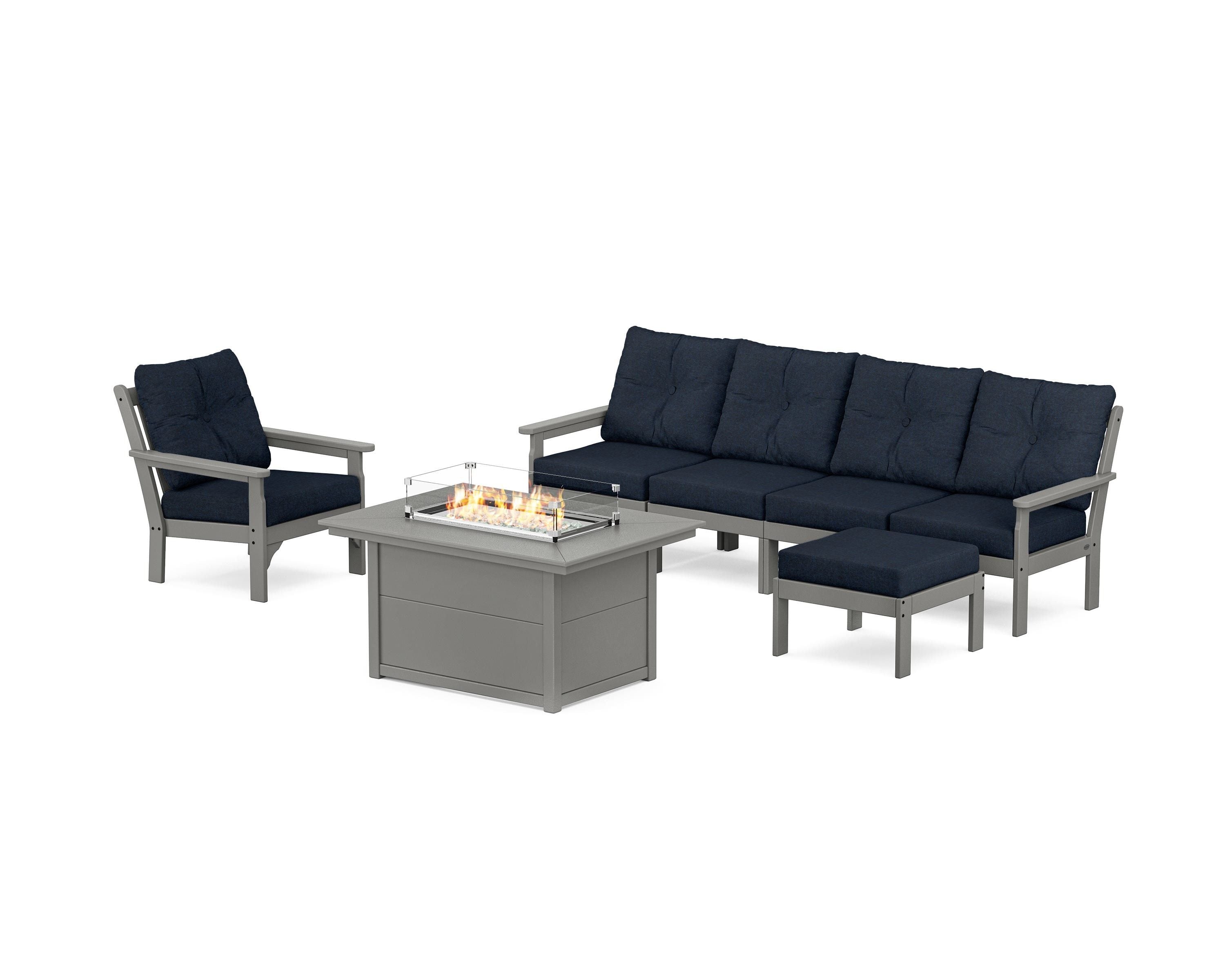 POLYWOOD® Vineyard Sectional Lounge and Fire Pit Set in Slate Grey / Marine Indigo