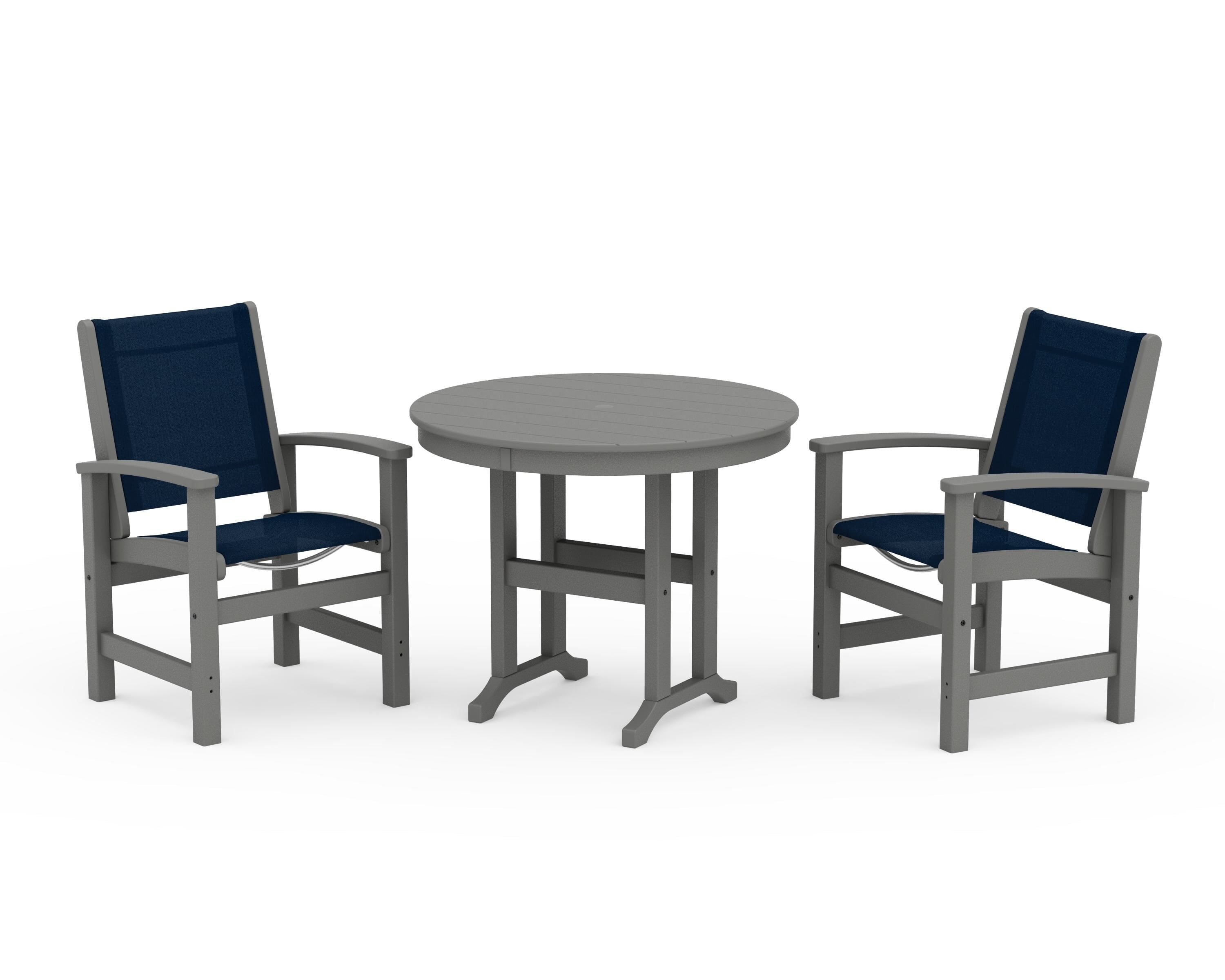 POLYWOOD® Coastal 3-Piece Round Dining Set in Slate Grey / Navy Blue Sling