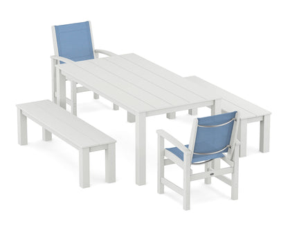 POLYWOOD® Coastal 5-Piece Parsons Dining Set with Benches in White / Poolside Sling