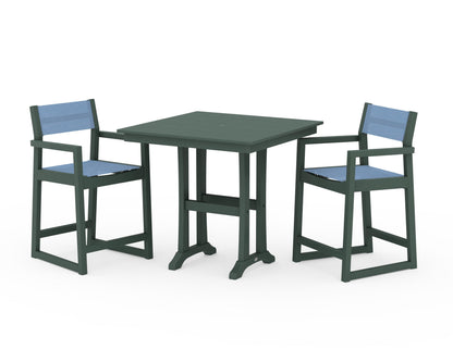 POLYWOOD® EDGE Sling Arm Chair 3-Piece Farmhouse Counter Set with Trestle Legs in Green / Poolside Sling