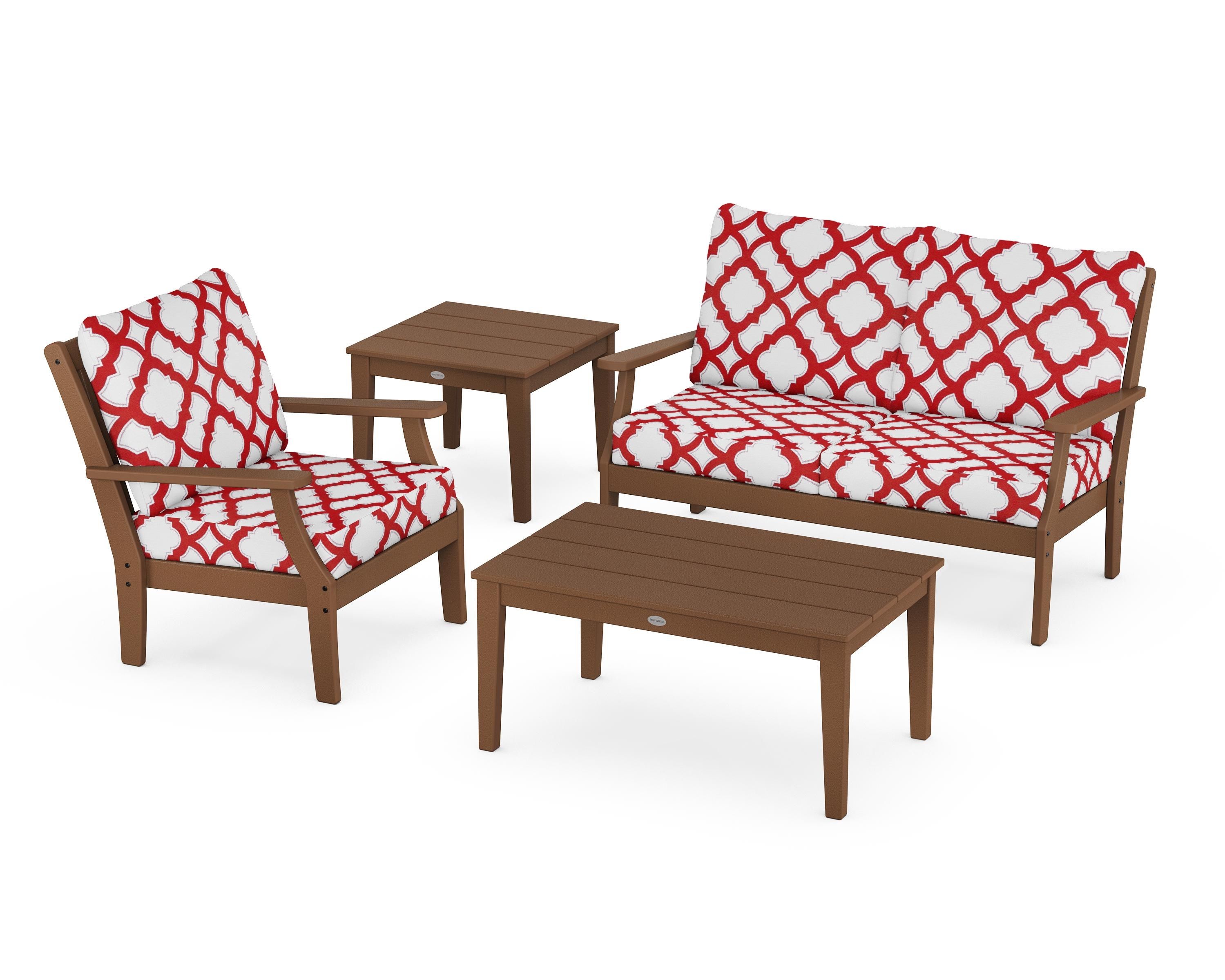 POLYWOOD® Braxton 4-Piece Deep Seating Set in Teak / Trellis Crimson