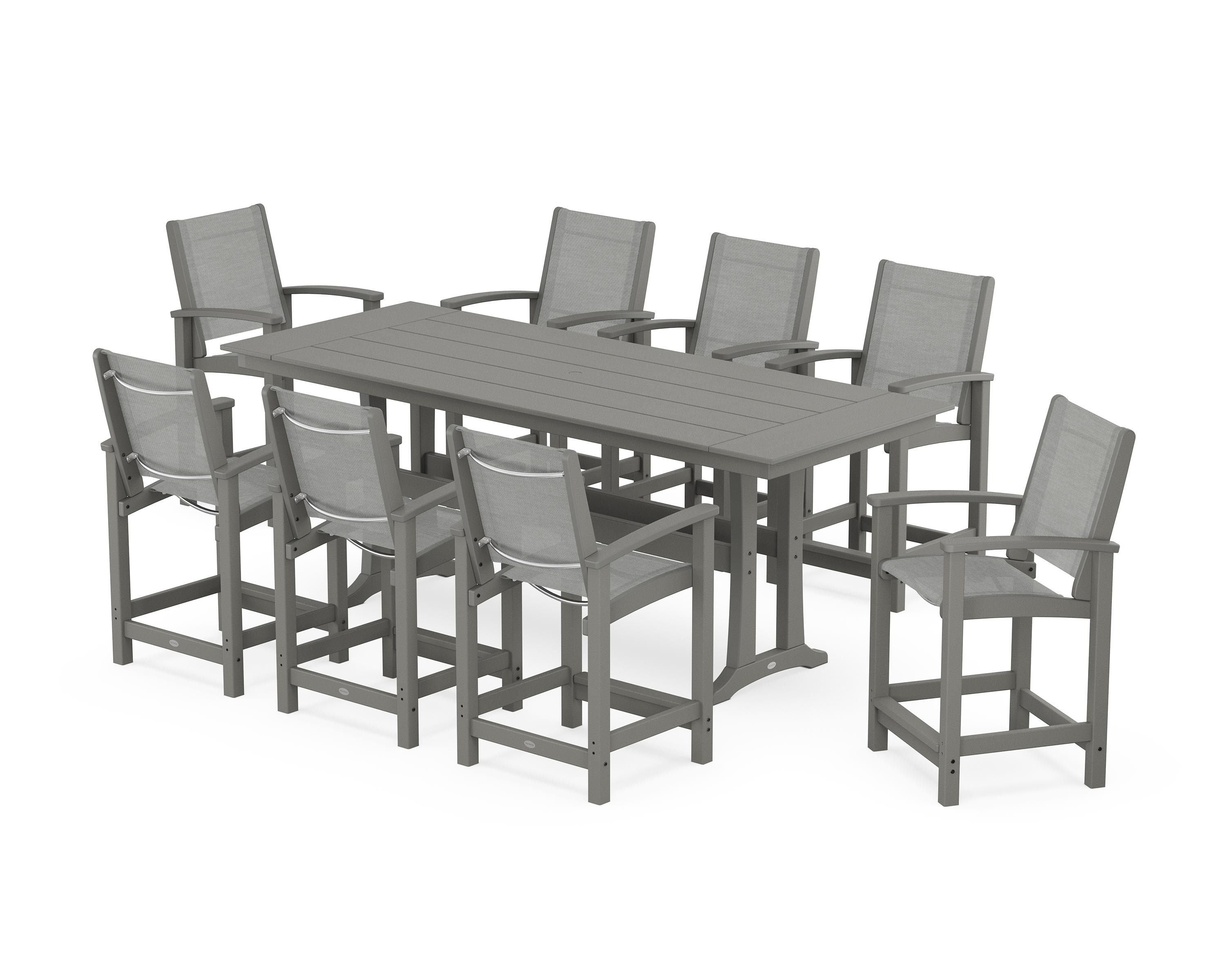 POLYWOOD® Coastal 9-Piece Farmhouse Counter Set with Trestle Legs in Slate Grey / Metallic Sling