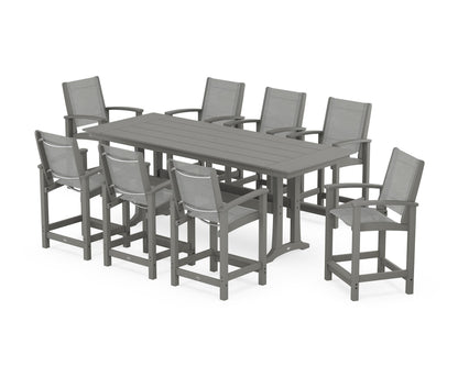 POLYWOOD® Coastal 9-Piece Farmhouse Counter Set with Trestle Legs in Slate Grey / Metallic Sling