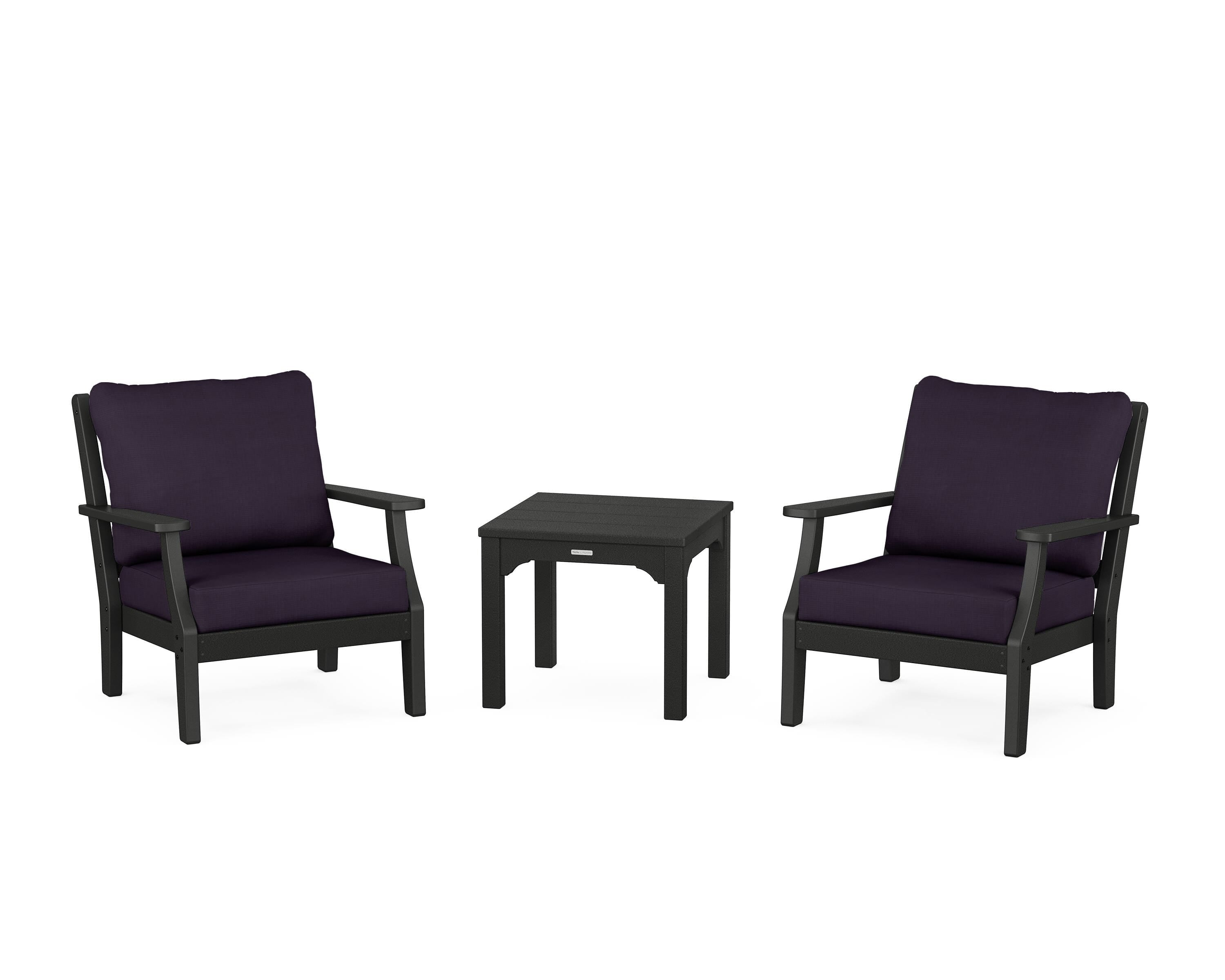 Martha Stewart by POLYWOOD® Chinoiserie 3-Piece Deep Seating Set in Black / Navy Linen