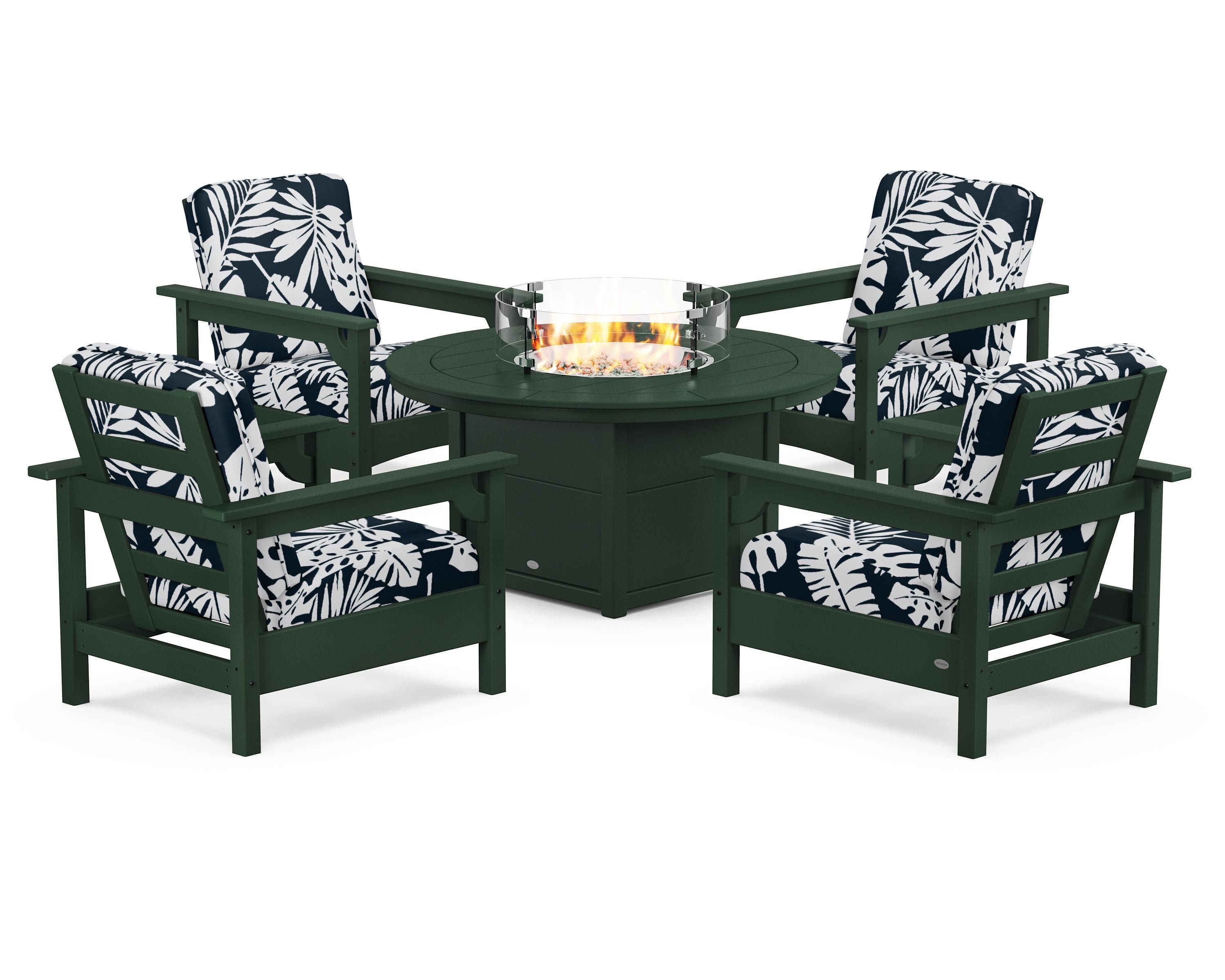 POLYWOOD® Club 5-Piece Conversation Set with Fire Pit Table in Green / Leaf Marine Indigo