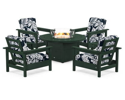 POLYWOOD® Club 5-Piece Conversation Set with Fire Pit Table in Green / Leaf Marine Indigo