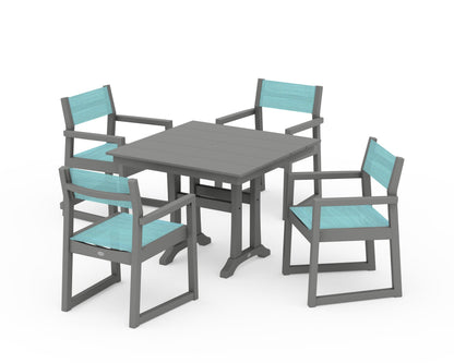POLYWOOD® EDGE Sling 5-Piece Farmhouse Dining Set with Trestle Legs in Slate Grey / Dupioni Aquamarine Sling