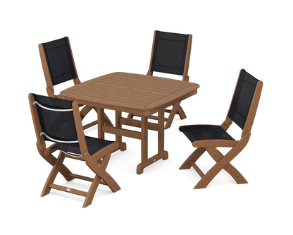 POLYWOOD® Coastal Folding Side Chair 5-Piece Dining Set in Teak / Black Sling