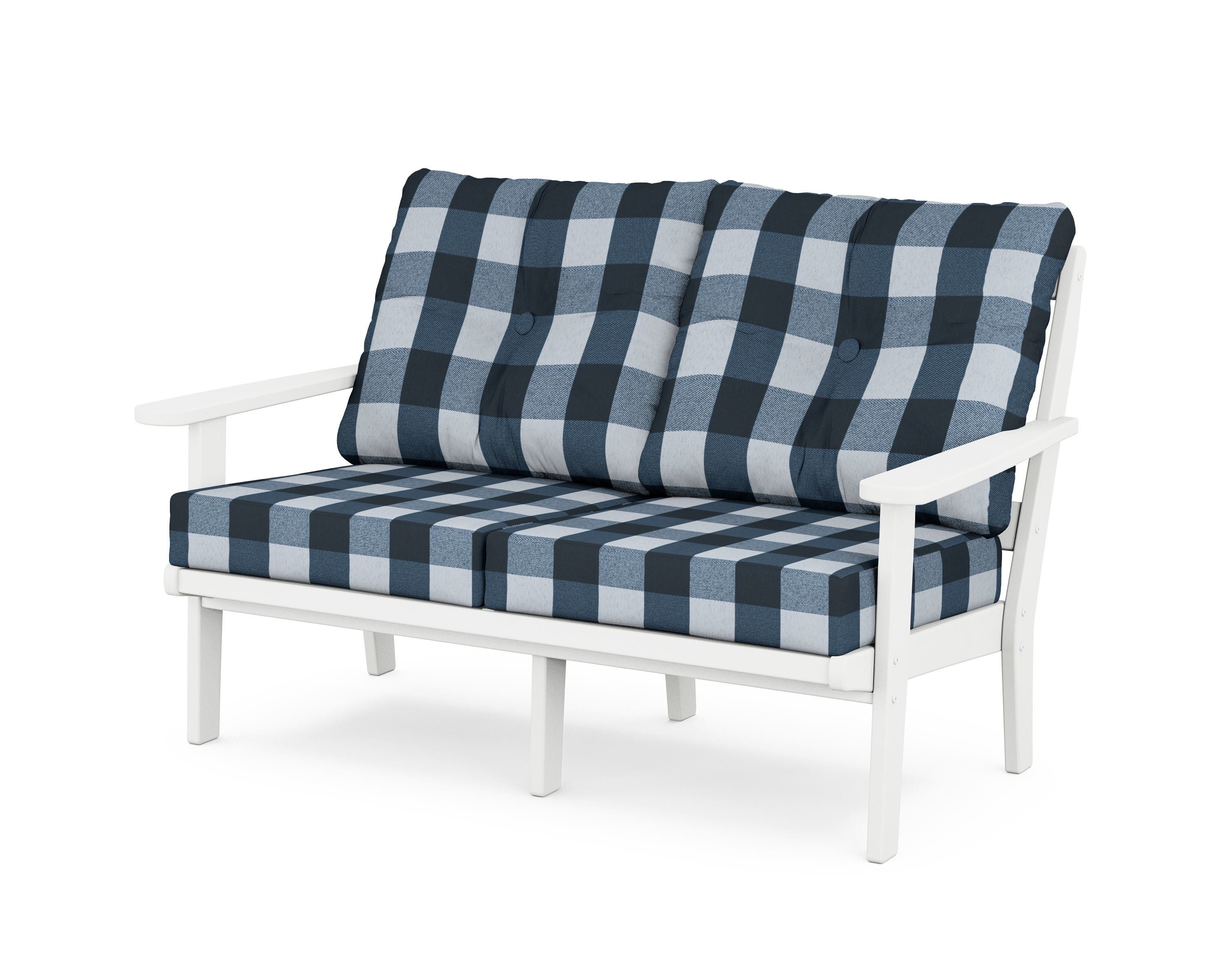 POLYWOOD® Mission Deep Seating Loveseat in White / Buffalo Plaid Marine Indigo