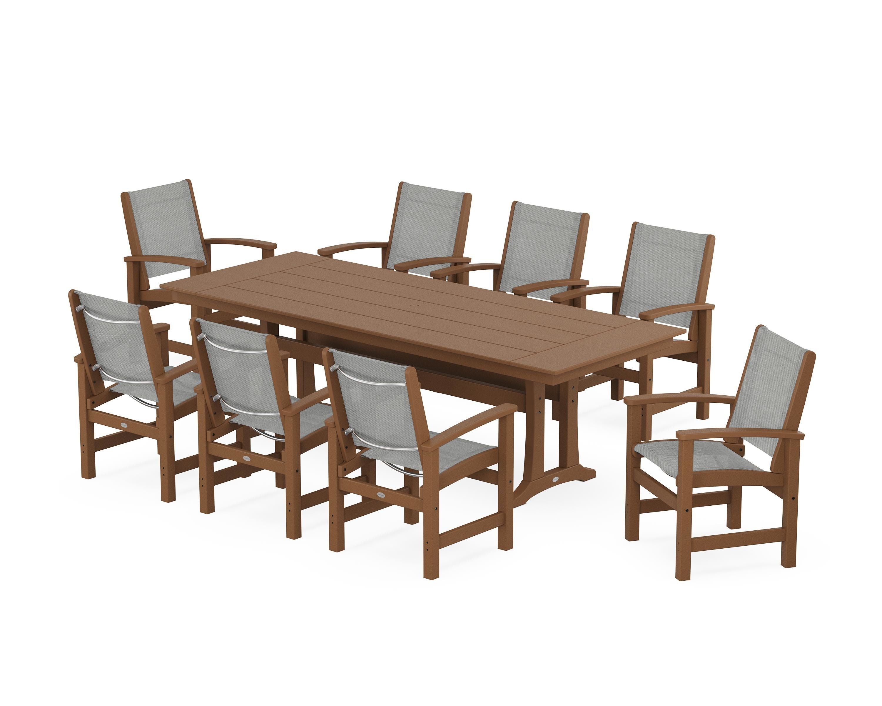 POLYWOOD® Coastal 9-Piece Farmhouse Dining Set with Trestle Legs in Teak / Metallic Sling
