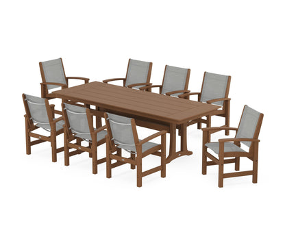 POLYWOOD® Coastal 9-Piece Farmhouse Dining Set with Trestle Legs in Teak / Metallic Sling
