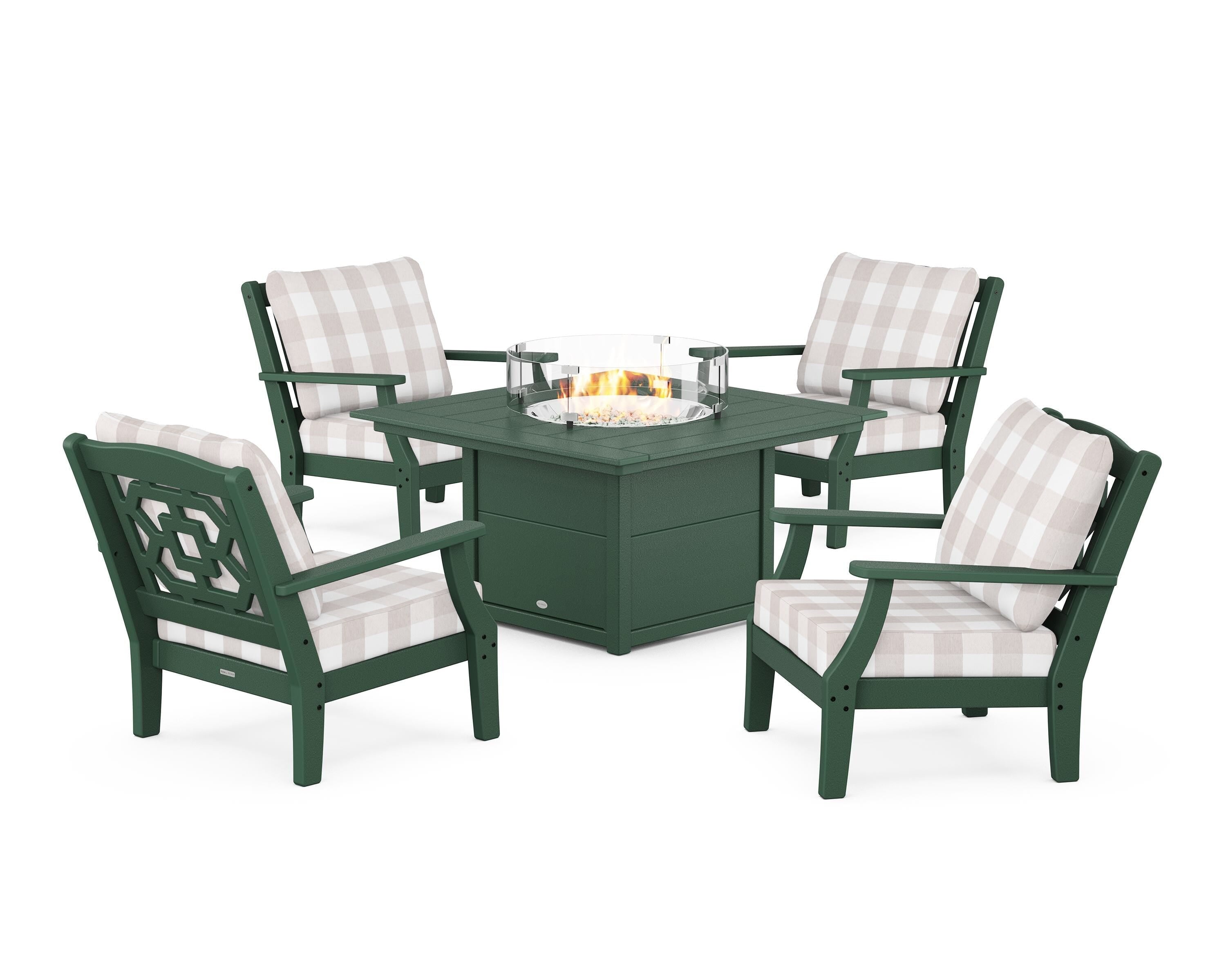 Martha Stewart by POLYWOOD® Chinoiserie 5-Piece Deep Seating Set with Fire Pit Table in Green / Buffalo Plaid Dune Burlap