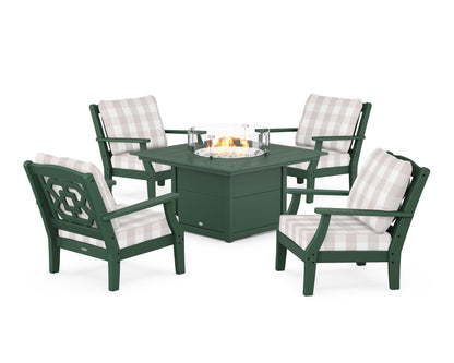 Martha Stewart by POLYWOOD® Chinoiserie 5-Piece Deep Seating Set with Fire Pit Table in Green / Buffalo Plaid Dune Burlap